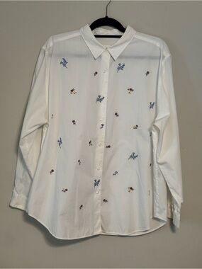 Talbots Women's White Button-Up Shirt with Blue and Red Floral Embroidery Sz XL